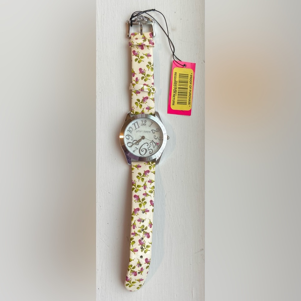NWT Betsey Johnson Genuine Leather Pink Purple Floral Print Watch